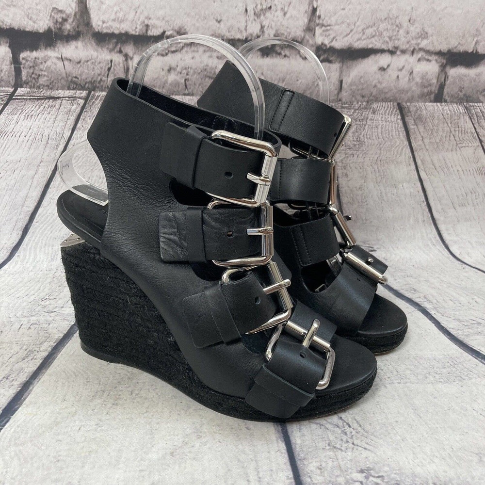 Alexander‎ Wang Shoes Womens 37 Black Leather Jute Wedge Sandal Buckle Closure